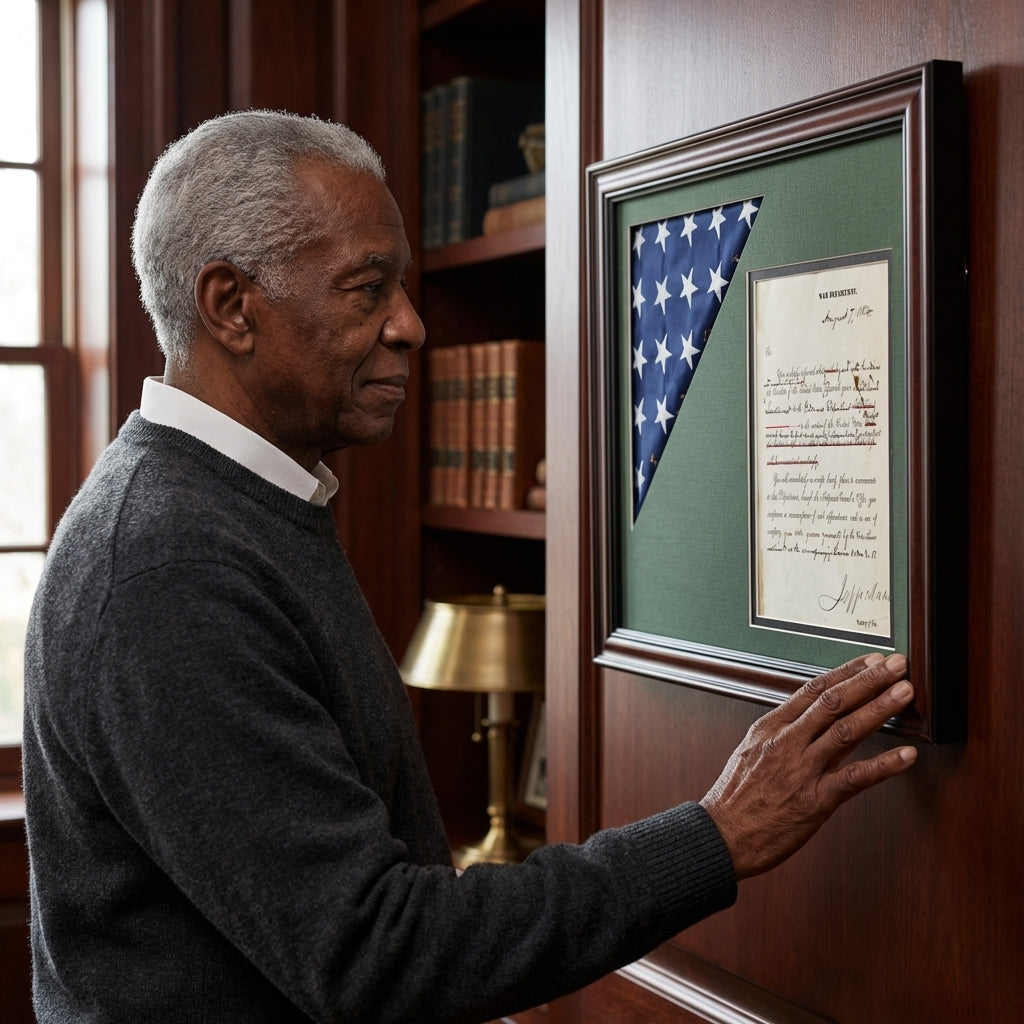 Shadow box for 3' x 5' flag with 8.5 x 11 Document holder, Black Finish
