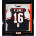 Framed Autographed/Signed Bob Bobby Clarke 35x39 Philadelphia Black Hockey Jersey JSA COA
