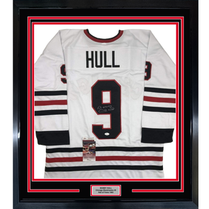 Framed Autographed/Signed Bobby Hull 35x39 Chicago White Hockey Jersey JSA COA