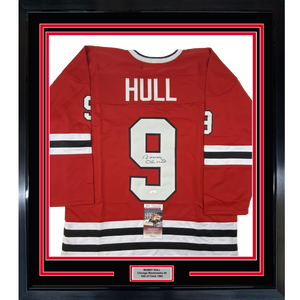 Framed Autographed/Signed Bobby Hull 35x39 Chicago Red Hockey Jersey JSA COA