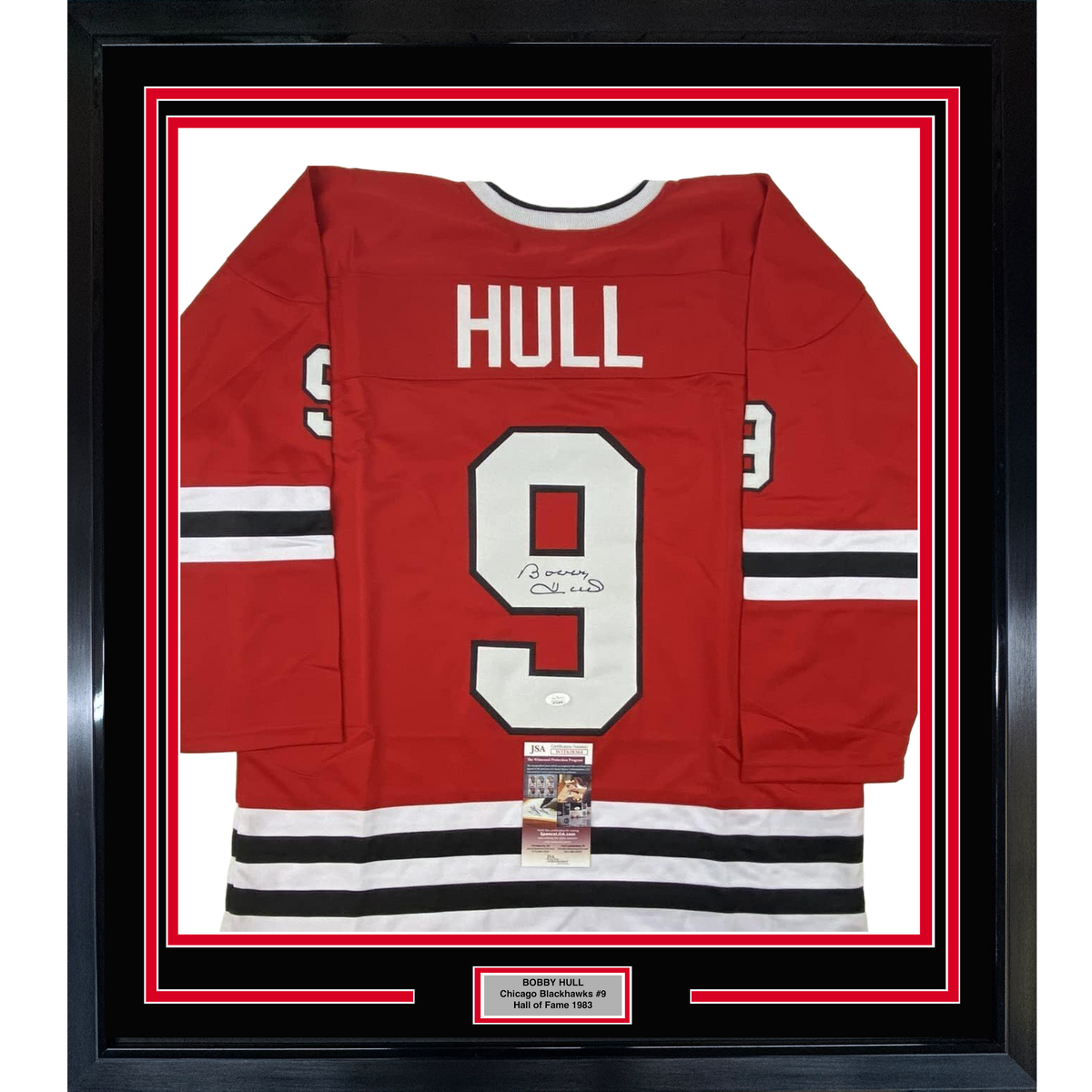 Framed Autographed/Signed Bobby Hull 35x39 Chicago Red Hockey Jersey JSA COA