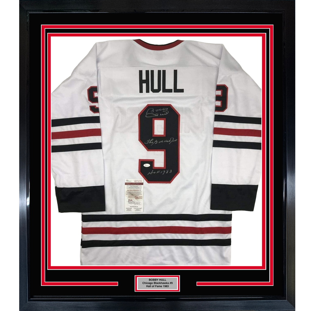 Framed Autographed/Signed Bobby Hull The Golden Jet HOF 1983 35x39 Chicago White Hockey Jersey JSA COA