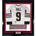 Framed Autographed/Signed Bobby Hull The Golden Jet HOF 1983 35x39 Chicago White Hockey Jersey JSA COA