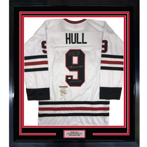 Framed Autographed/Signed Bobby Hull The Golden Jet HOF 1983 35x39 Chicago White Hockey Jersey JSA COA