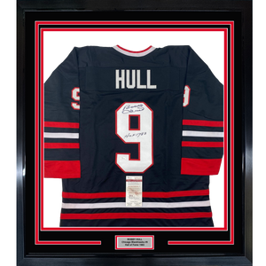 Framed Autographed/Signed Bobby Hull HOF 1983 35x39 Chicago Black Hockey Jersey JSA COA
