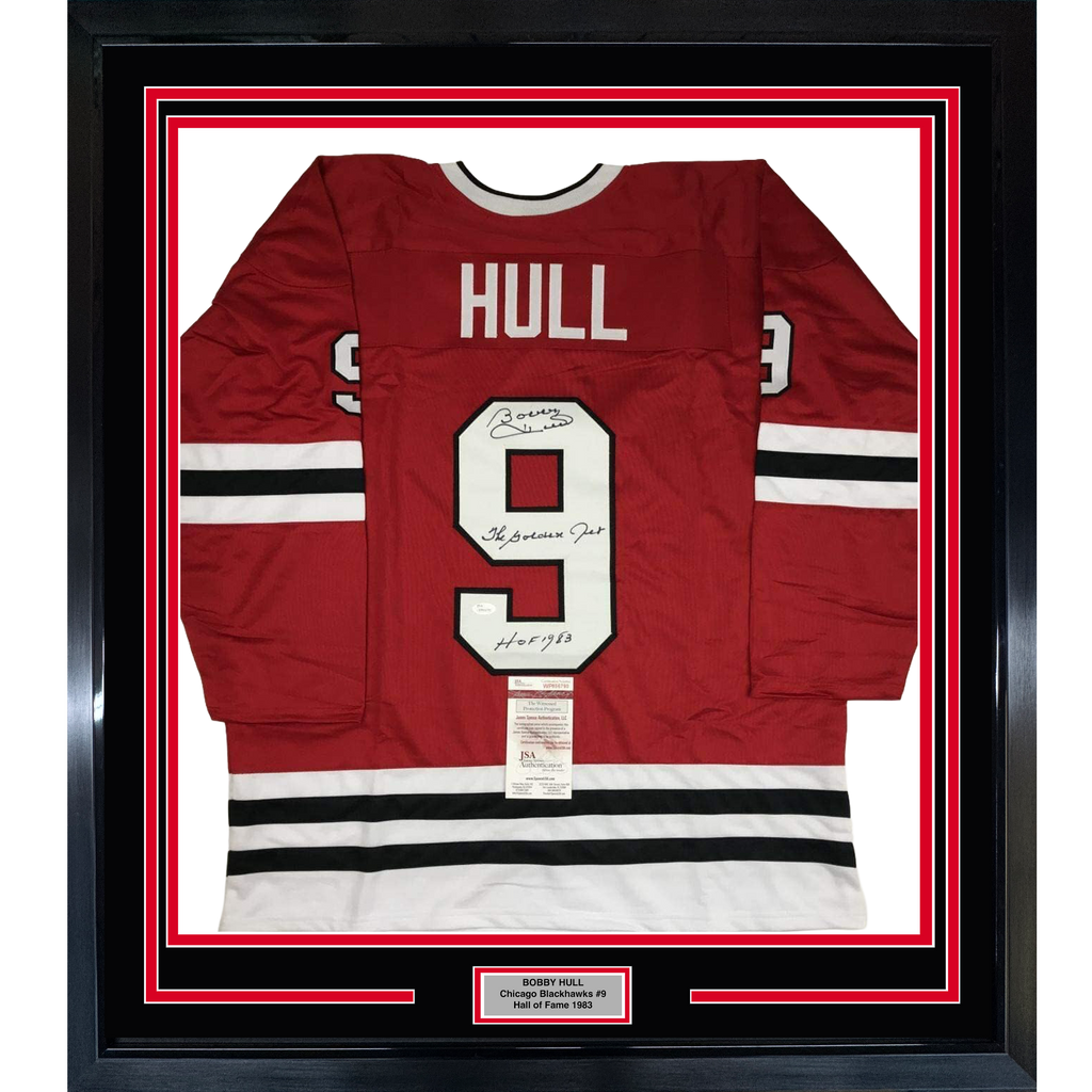 Framed Autographed/Signed Bobby Hull HOF 1983 The Golden Jet 35x39 Chicago Red Hockey Jersey JSA COA