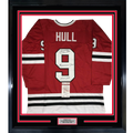 Framed Autographed/Signed Bobby Hull HOF 1983 The Golden Jet 35x39 Chicago Red Hockey Jersey JSA COA