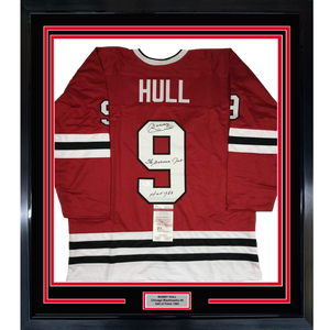 Framed Autographed/Signed Bobby Hull HOF 1983 The Golden Jet 35x39 Chicago Red Hockey Jersey JSA COA