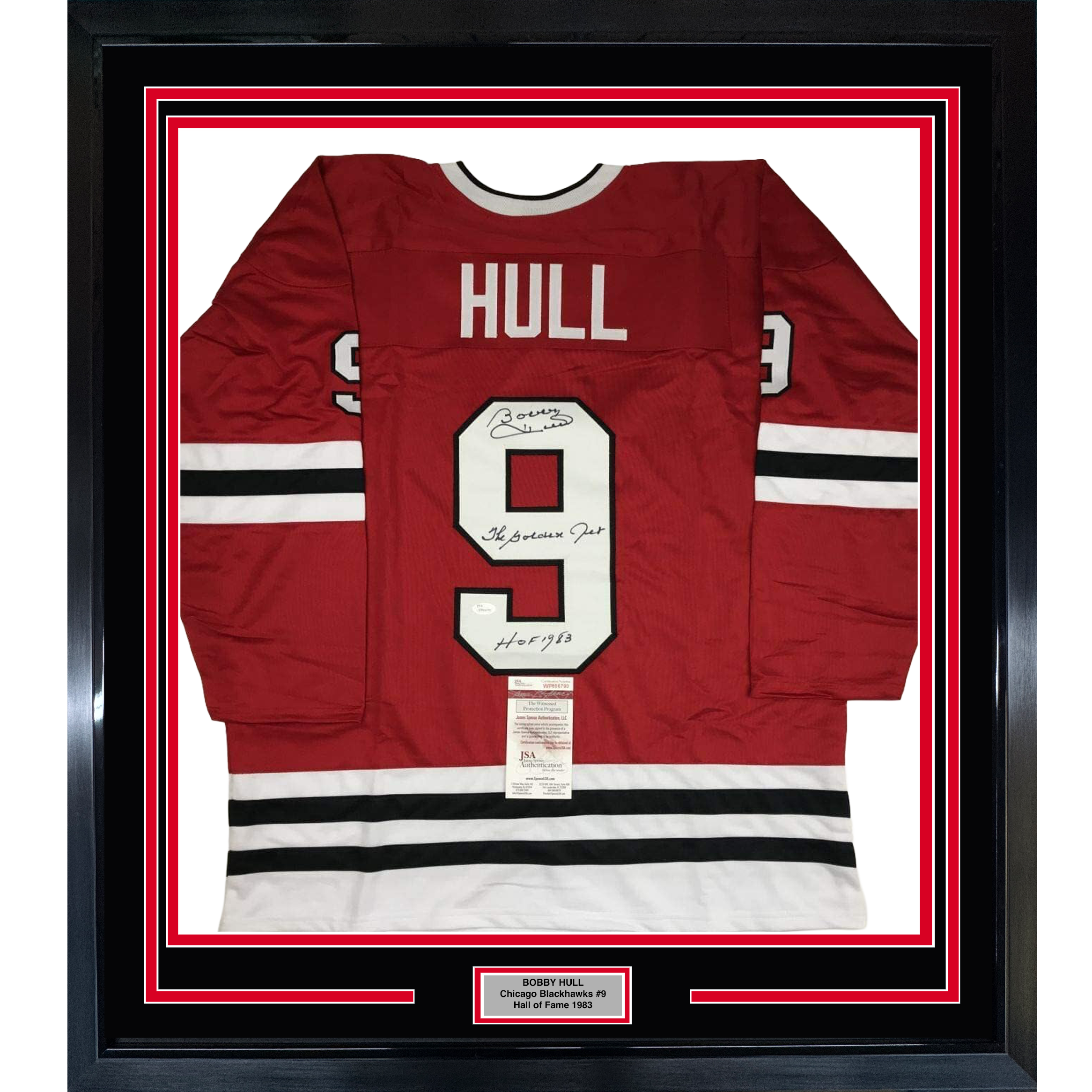 Framed Autographed/Signed Bobby Hull HOF 1983 The Golden Jet 35x39 Chicago Red Hockey Jersey JSA COA