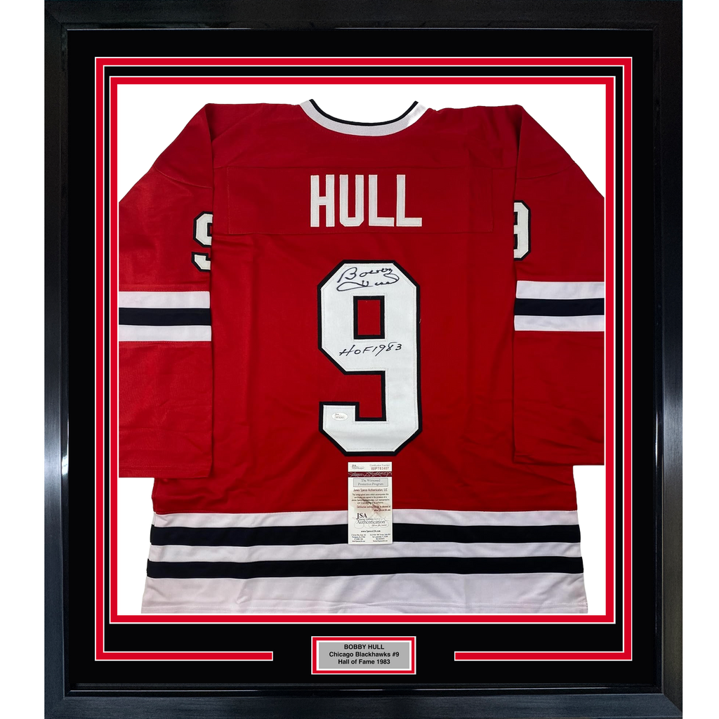 Framed Autographed/Signed Bobby Hull HOF 1983 35x39 Chicago Red Hockey Jersey JSA COA