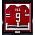 Framed Autographed/Signed Bobby Hull HOF 1983 35x39 Chicago Red Hockey Jersey JSA COA
