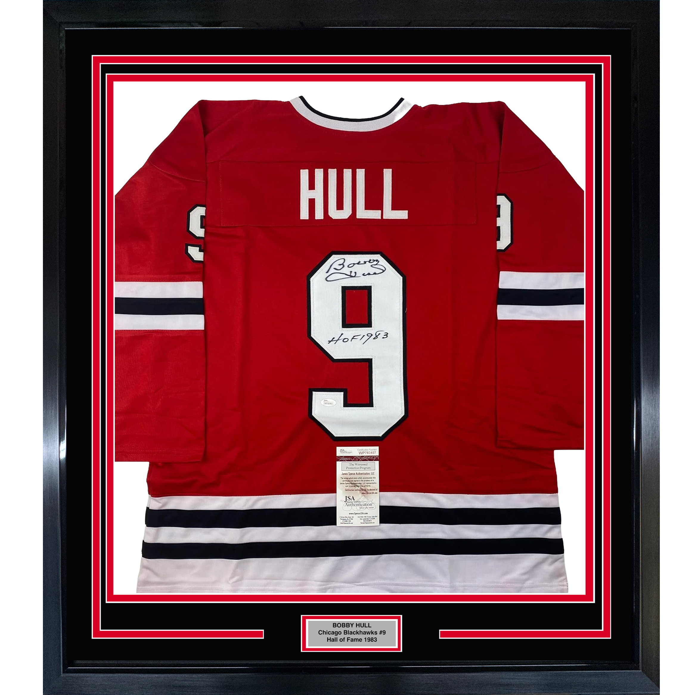 Framed Autographed/Signed Bobby Hull HOF 1983 35x39 Chicago Red Hockey Jersey JSA COA