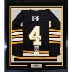Framed Autographed/Signed Bobby Orr 35x39 Boston Black Hockey Jersey JSA COA