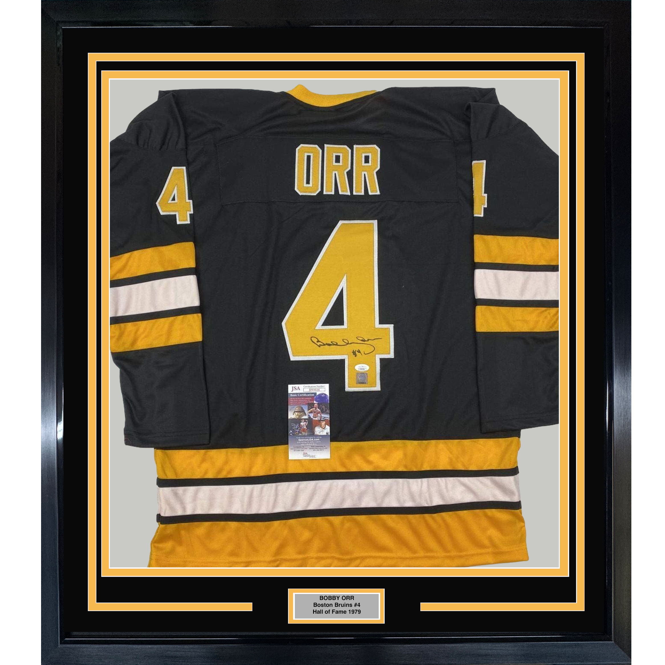 Framed Autographed/Signed Bobby Orr 35x39 Boston Black Hockey Jersey JSA & GNR COA