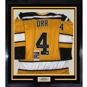 Framed Autographed/Signed Bobby Orr 35x39 Boston Yellow Hockey Jersey JSA & GNR COA