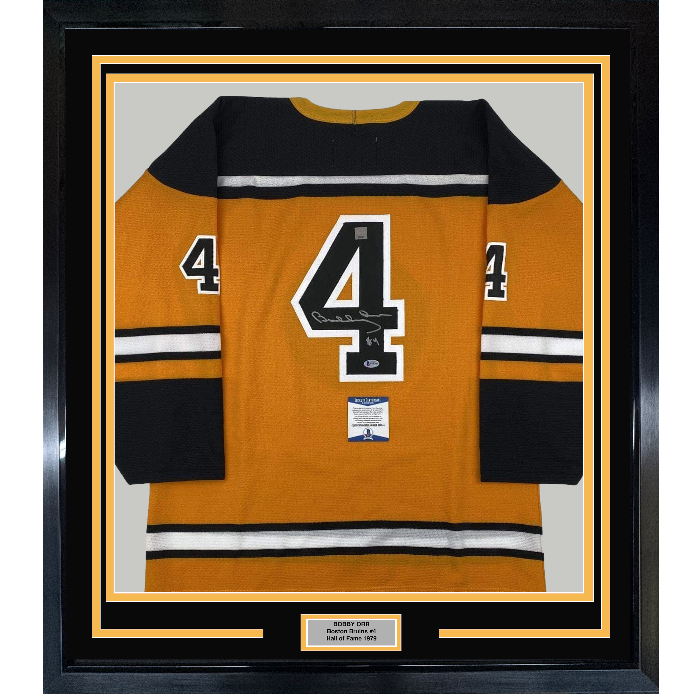 Framed Autographed/Signed Bobby Orr 35x39 Boston Yellow Hockey Jersey Beckett BAS & GNR COA