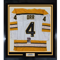 Framed Autographed/Signed Bobby Orr 35x39 Boston White Hockey Jersey JSA & GNR COA