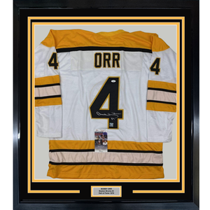 Framed Autographed/Signed Bobby Orr 35x39 Boston White Hockey Jersey JSA & GNR COA