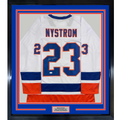 Framed Autographed/Signed Bob Nystrom 35x39 New York White Hockey Jersey JSA COA