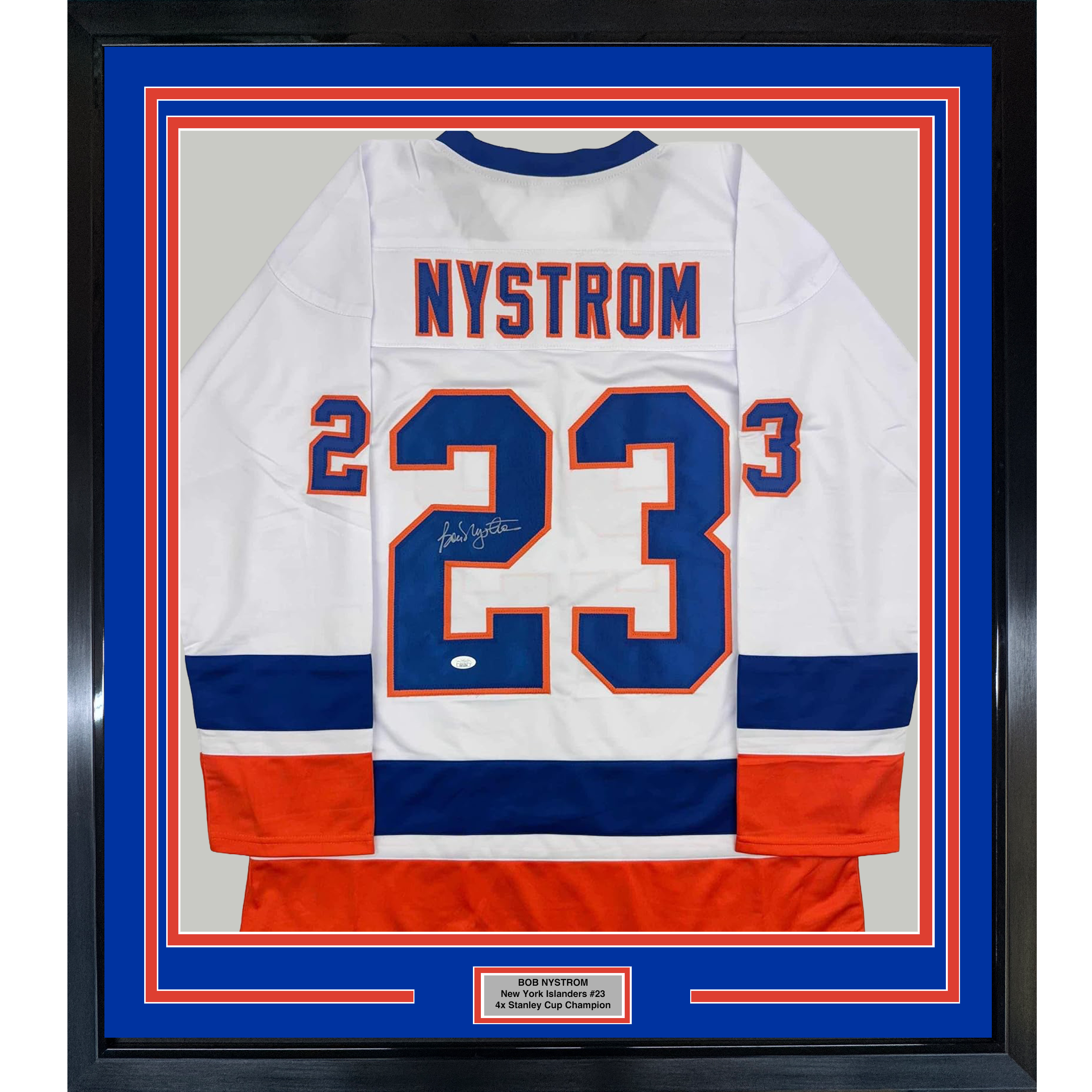 Framed Autographed/Signed Bob Nystrom 35x39 New York White Hockey Jersey JSA COA