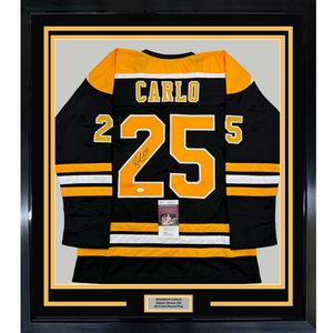 Framed Autographed/Signed Brandon Carlo 35x39 Boston Black Hockey Jersey JSA COA