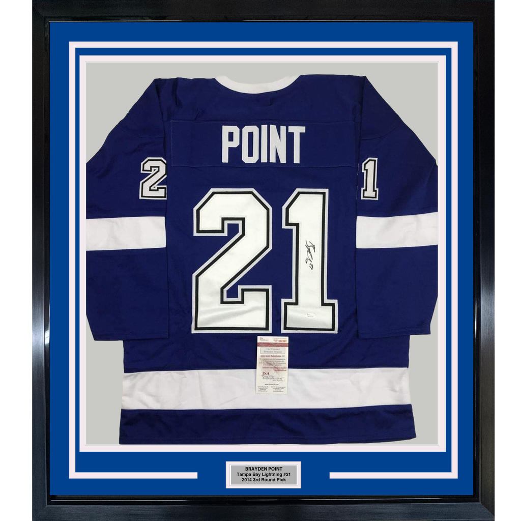 Framed Autographed/Signed Brayden Point 35x39 Tampa Bay Blue Hockey Jersey JSA COA