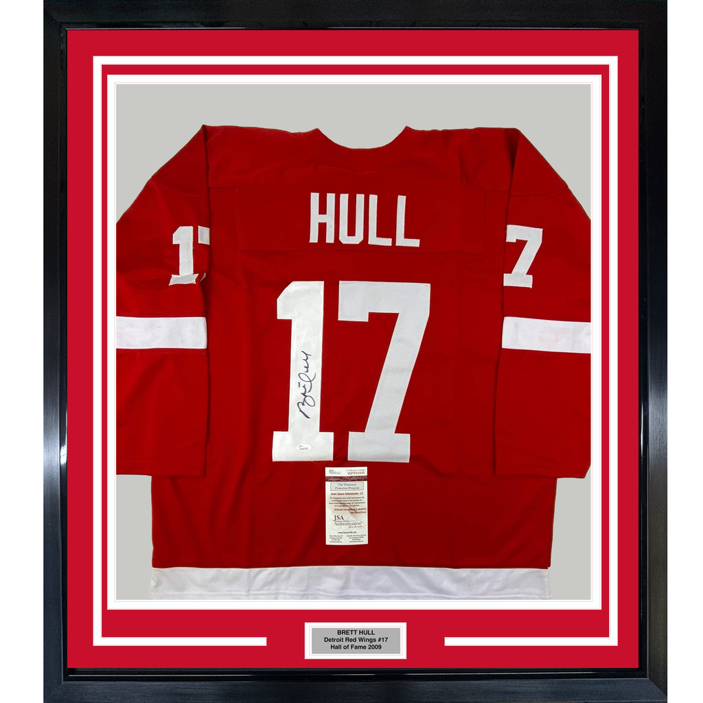 Framed Autographed/Signed Brett Hull 35x39 Detroit Red Hockey Jersey JSA COA