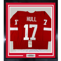 Framed Autographed/Signed Brett Hull 35x39 Detroit Red Hockey Jersey JSA COA