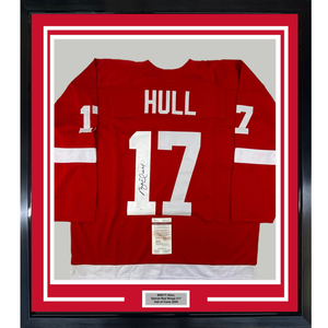 Framed Autographed/Signed Brett Hull 35x39 Detroit Red Hockey Jersey JSA COA