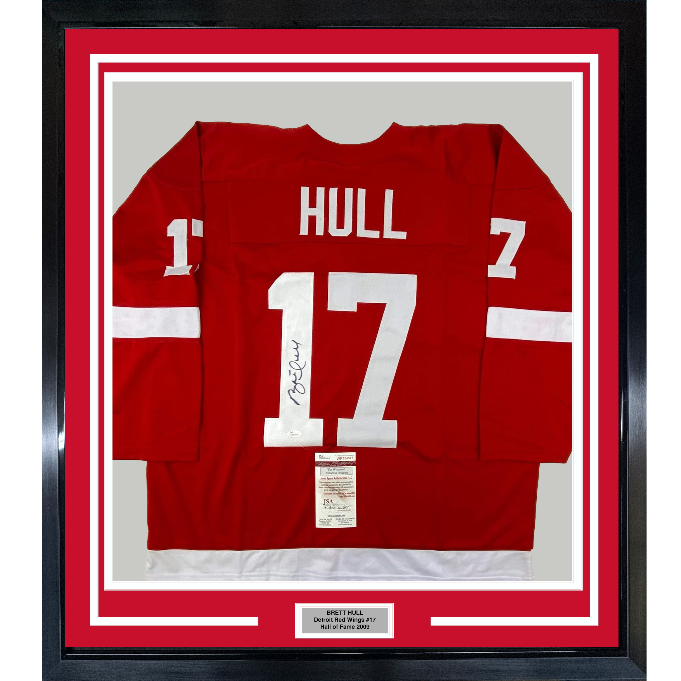 Framed Autographed/Signed Brett Hull 35x39 Detroit Red Hockey Jersey JSA COA