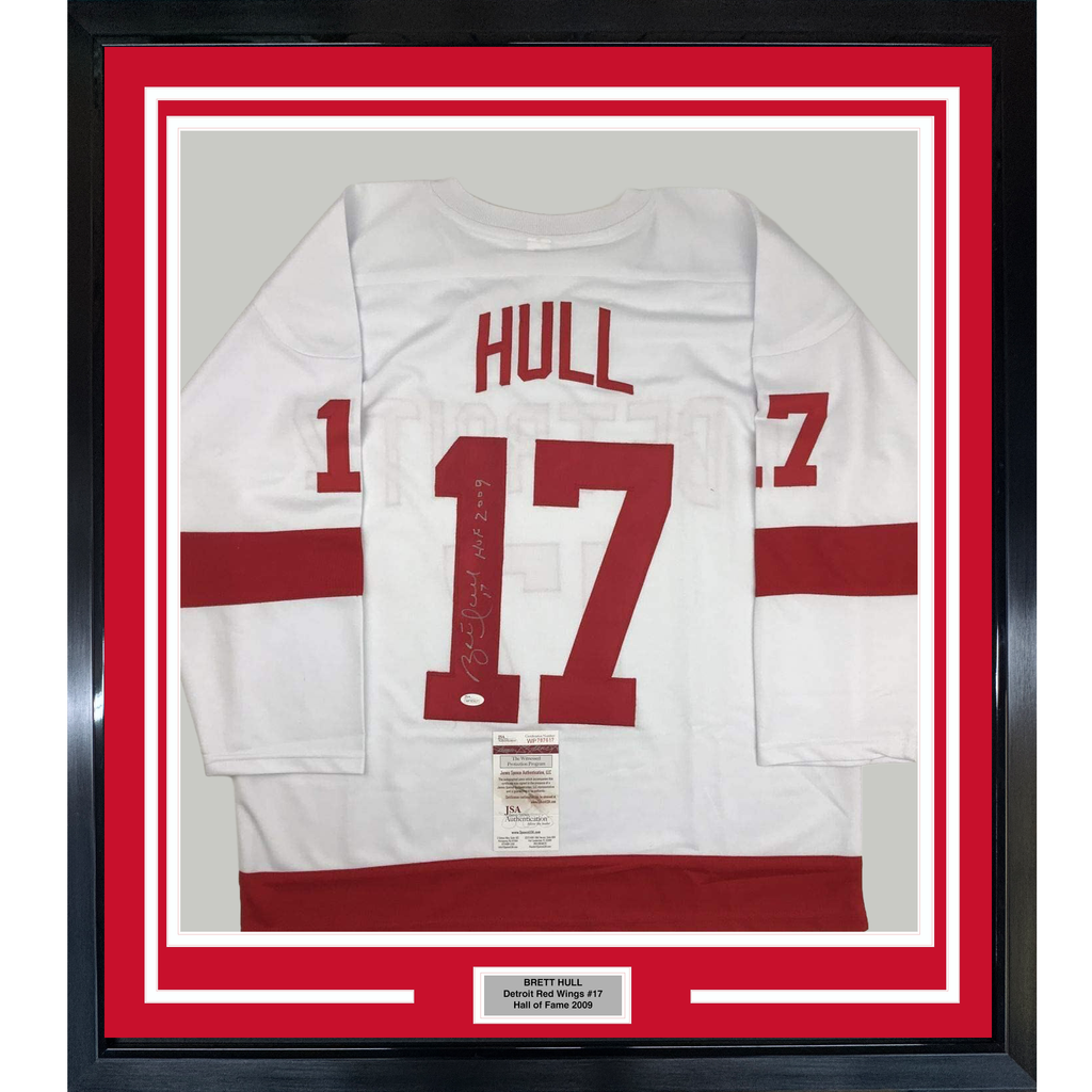 Framed Autographed/Signed Brett Hull HOF 2009 35x39 Detroit White Hockey Jersey JSA COA
