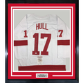 Framed Autographed/Signed Brett Hull HOF 2009 35x39 Detroit White Hockey Jersey JSA COA