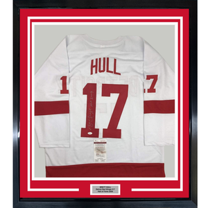 Framed Autographed/Signed Brett Hull HOF 2009 35x39 Detroit White Hockey Jersey JSA COA