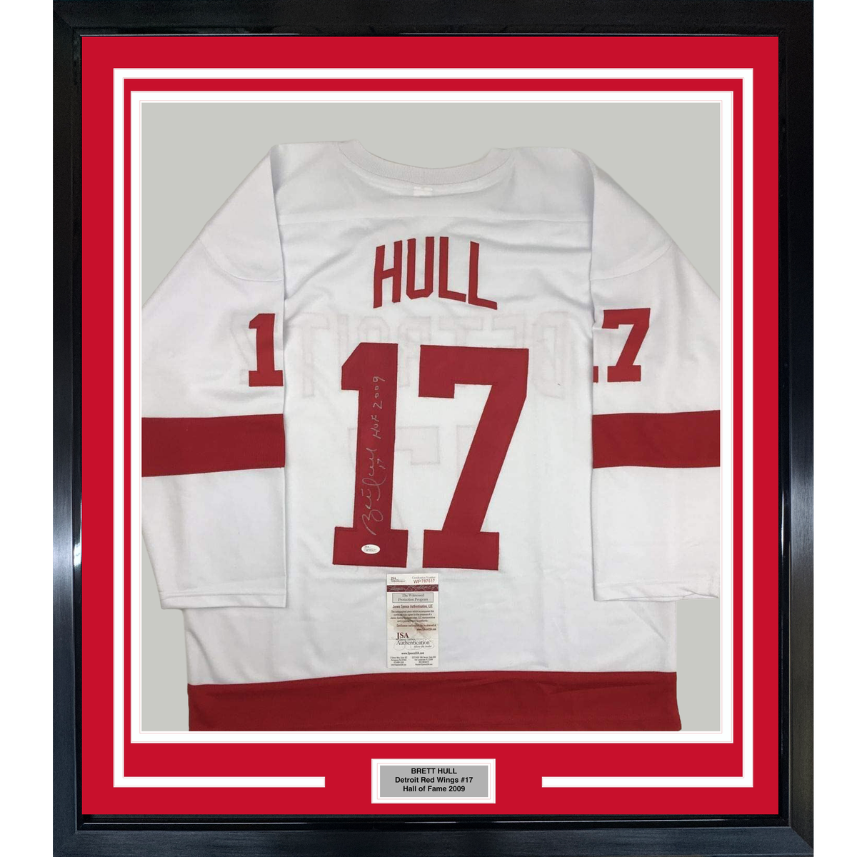 Framed Autographed/Signed Brett Hull HOF 2009 35x39 Detroit White Hockey Jersey JSA COA