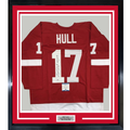 Framed Autographed/Signed Brett Hull HOF 2009 35x39 Detroit Red Hockey Jersey Beckett BAS COA