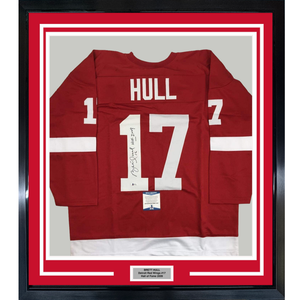Framed Autographed/Signed Brett Hull HOF 2009 35x39 Detroit Red Hockey Jersey Beckett BAS COA