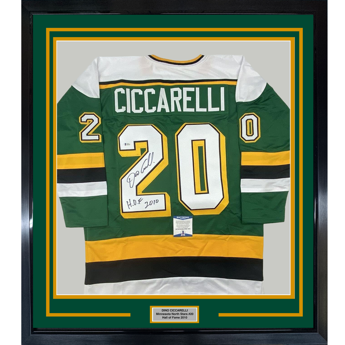 Framed Autographed/Signed Dino Ciccarelli 35x39 HOF 2010 Minnesota Green Hockey Jersey Beckett BAS COA
