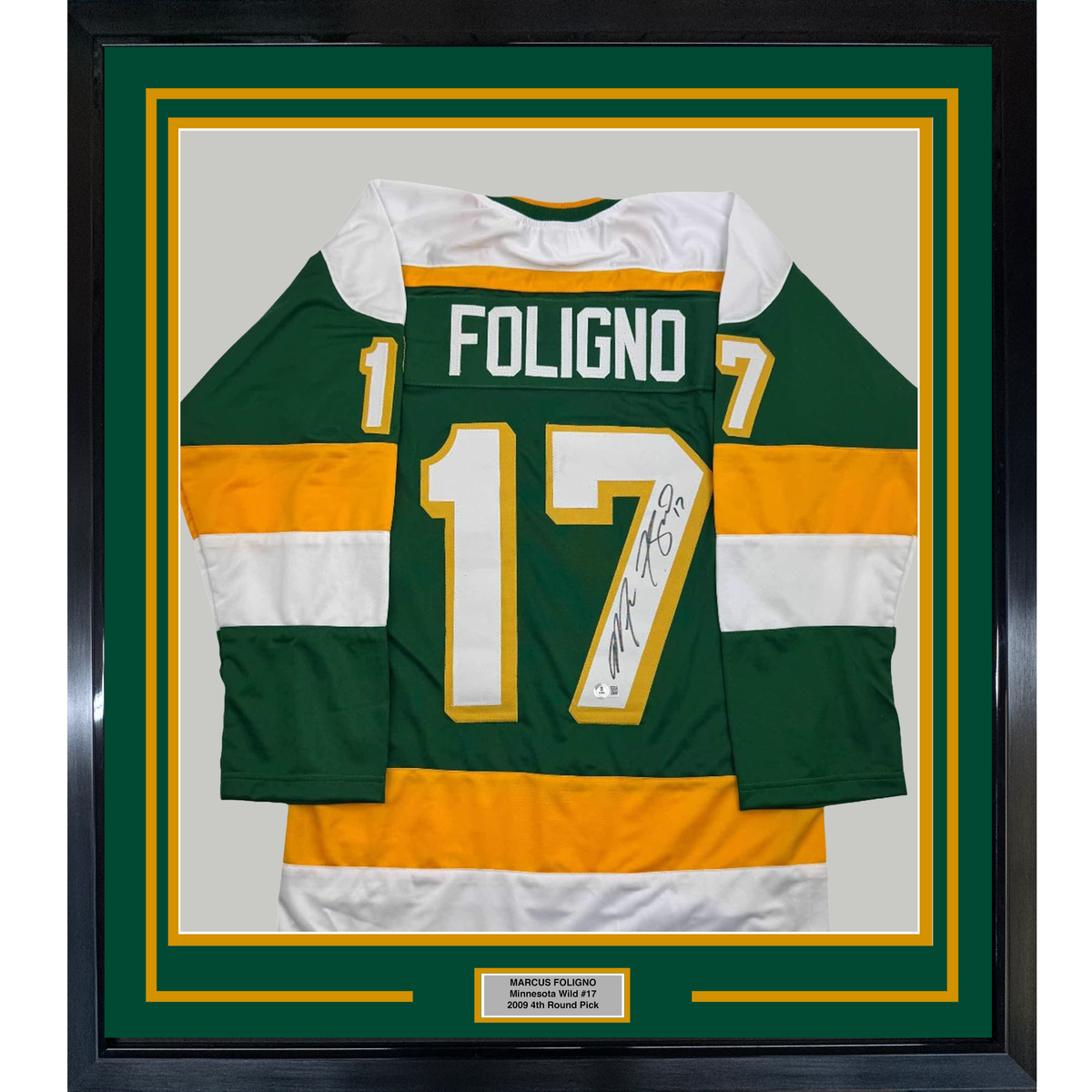 Framed Autographed/Signed Marcus Foligno 35x39 Minnesota Green Hockey Jersey Beckett BAS COA
