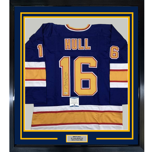 Framed Autographed/Signed Brett Hull 35x39 St. Louis Blue Hockey Jersey Beckett BAS COA