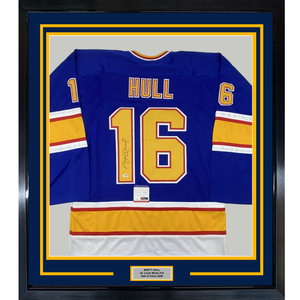 Framed Autographed/Signed Brett Hull 35x39 St. Louis Retro Blue Hockey Jersey PSA/DNA COA