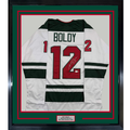 Framed Autographed/Signed Matt Boldy 35x39 Minnesota White Hockey Jersey Beckett BAS COA