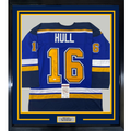 Framed Autographed/Signed Brett Hull 35x39 St. Louis Blue Yellow Numbers Hockey Jersey JSA COA