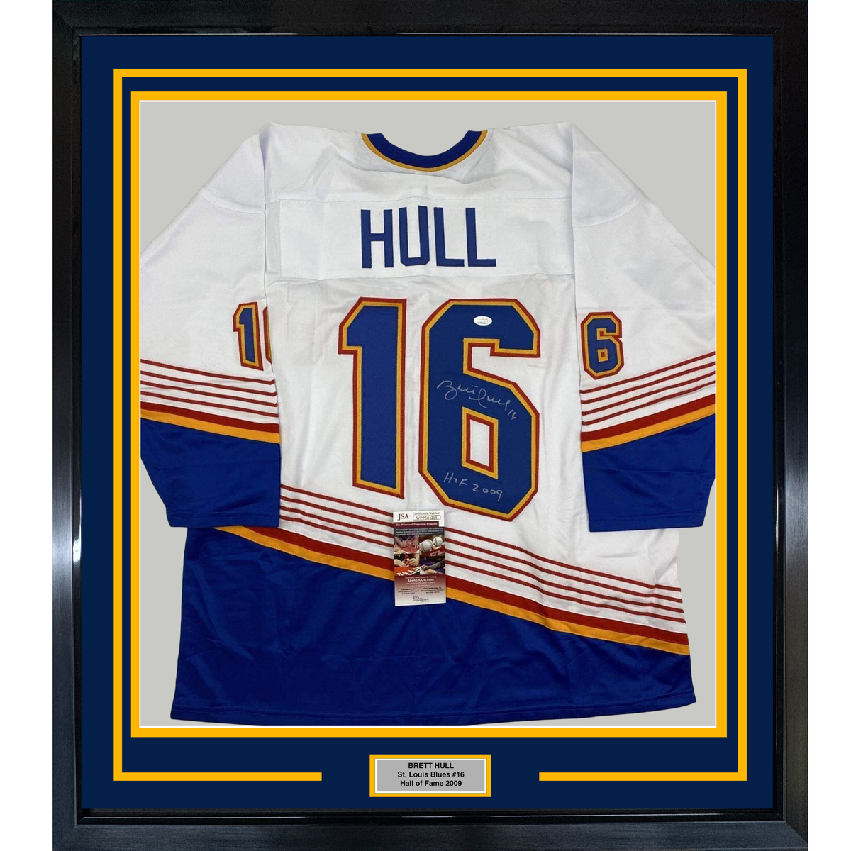 Framed Autographed/Signed Brett Hull HOF 2009 35x39 St. Louis Retro White Hockey Jersey JSA COA
