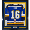 Framed Autographed/Signed Brett Hull 35x39 St. Louis Blue White Numbers Hockey Jersey JSA COA