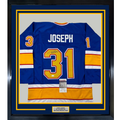 Framed Autographed/Signed Curtis Joseph 35x39 St. Louis Blue Hockey Jersey JSA COA