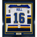 Framed Autographed/Signed Brett Hull 35x39 St. Louis White Hockey Jersey JSA COA