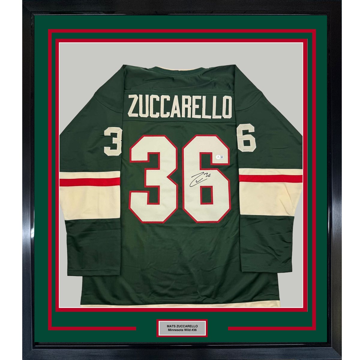 Framed Autographed/Signed Mats Zuccarello 35x39 Minnesota Green Hockey Jersey Beckett BAS COA