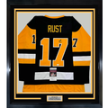 Framed Autographed/Signed Bryan Rust 35x39 Pittsburgh Black Hockey Jersey JSA COA