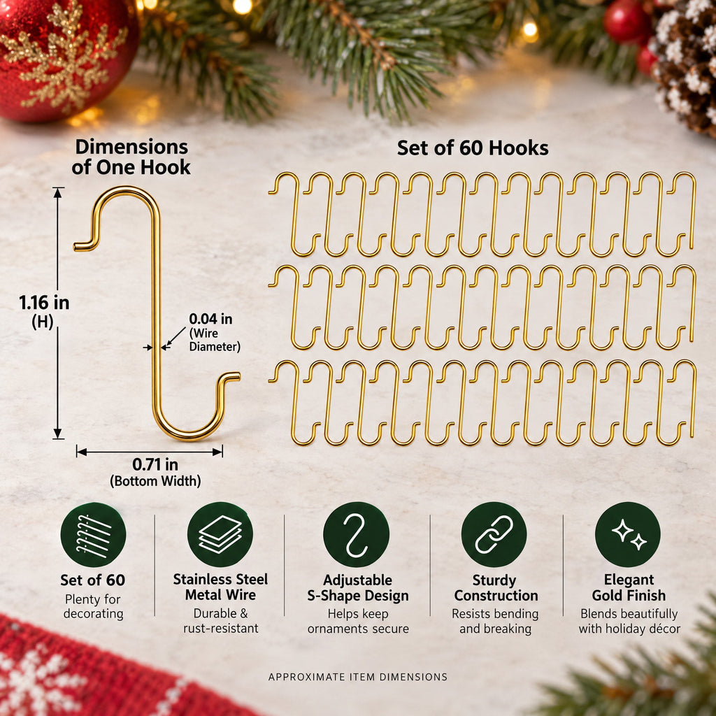 Set of 60 Gold Metal Wire Christmas Ornaments Hooks Hangers 1.16 Inches