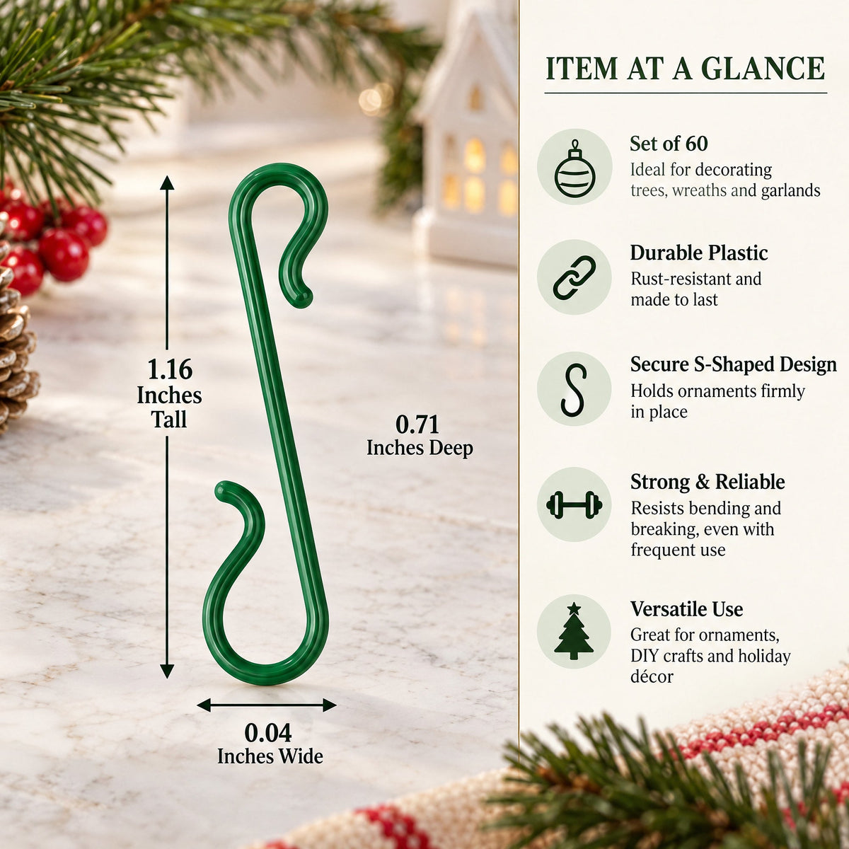 Set of 60 Green Plastic Christmas Ornaments Hooks Hangers 1.8 Inches